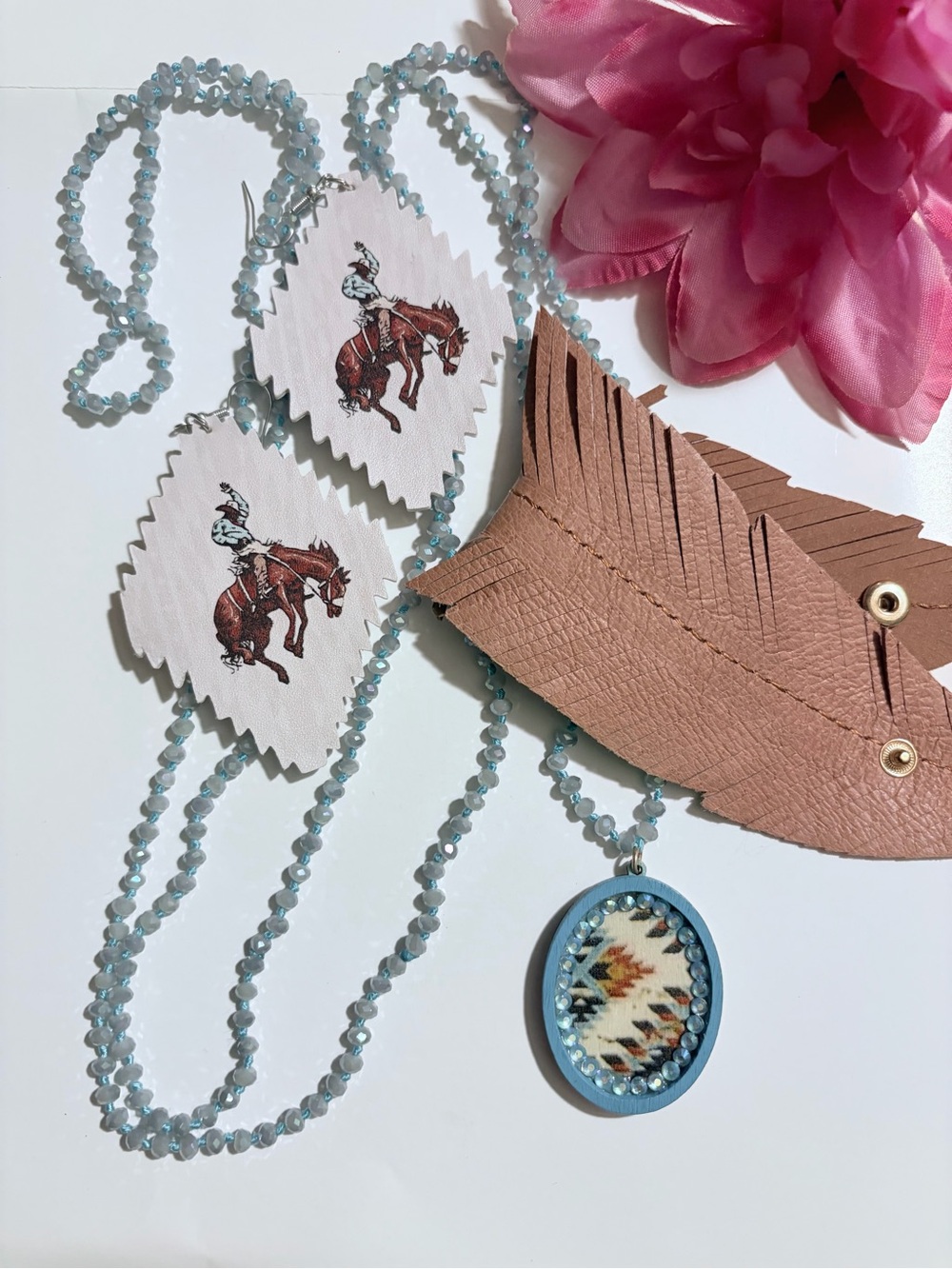 Turquoise Beaded Necklace with Southwestern Pendant earrings and bracelet set
